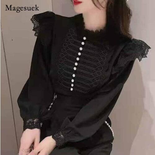 Fashion Loose Flower Vintage Shirt French Beading Stitching Ruffle Blouse with Lace Stand Collar Autumn Long Sleeve Top 16617
