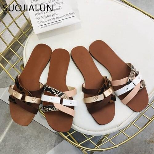 SUOJIALUN 2019 New Luxury Brand Women Beach Slipper Ladies Leopard Flip Flops Flat Shoes Summer Outsides Female Slip On Slides