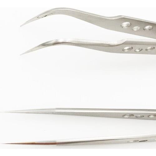 2pcs Anti-magnetic anti-slip with hole Stainless Steel Straight Precision Straight Curved Tweezers for Mobile Phone Repair Tool