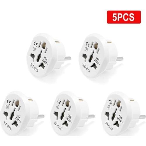 5pcs EU Adapter AU US UK CN To EU Wall Socket Universal EU Converter 2 Round Socket AC 16A 250V Travel Adapter High Quality CE