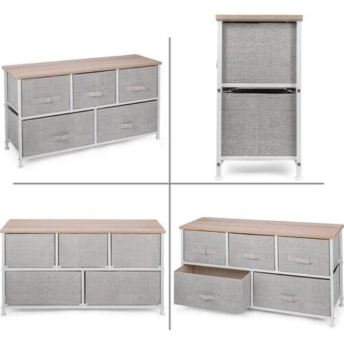 5-Drawer Bamboo Shelf Dresser Storage Closet W/ Wide 5 Removable Fabric Drawers