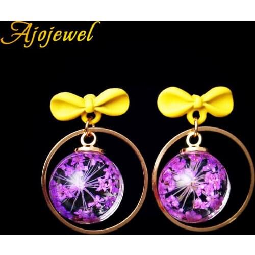 Ajojewel 2018 New Cute Dried Gypsophila Flowers Glass Ball Earrings Bowknot Stud Earrings Cheap Fashion Jewelry