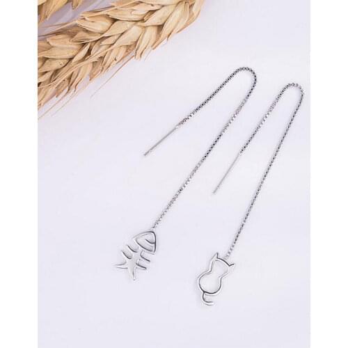 925 Sterling Silver Personality Cat And Fish Bone Asymmetrical Long Earrings Animal Jewelry For Women Gifts S-E366