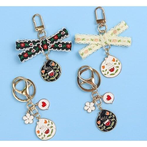 Fabric Lace Rose Cat Keychain Love Flower Metal Alloy Accessories Female Bag Car Pendant Keyring Women Girls Birthday Party Gift