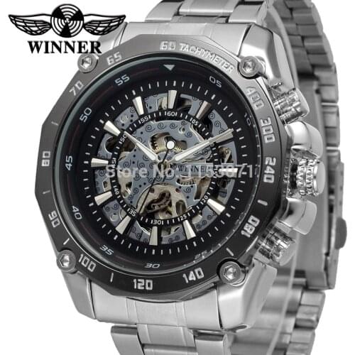 Winner Mens Watch Top Quality Automatic Self-Wind Skeleton Stainless Steel Bracelet Fashion Wristwatch Color Black WRG8068M4T2