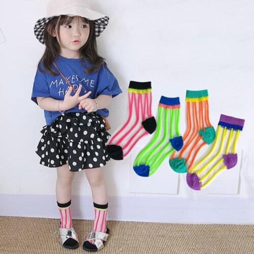 Childrens Socks Summer Thin Net Eye Boys and Girls Crystal Silk Sox Fluorescent Personality Stripe Tide Baby Accessoriesx