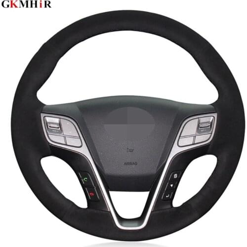 DIY Hand-stitched Black Genuine Leather Suede Car Steering Wheel Cover For Hyundai Santa Fe 2013-2018 ix45 2013 2014 2015 2016