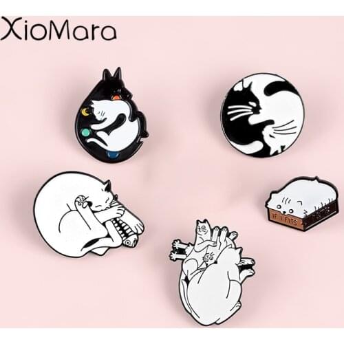 Lovely Cat Enamel Pins Black White Yin Yang Skull Heart Badges Brooches Animal Enamel Pins Gift for Cat Lover Kitty Mom Gifts