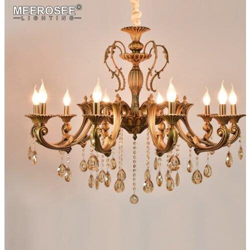 10 Arms Classic Crystal Chandelier Light Antique Brass K9 Hanging Lamp Lustres Suspension Lighting for Hotel Restaurant Foyer