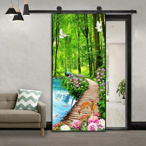 Forest Fawn Peacock White Pigeon Path DIY Door Sticker Home Decoration Wall Sticker Living Room Art Mural Peel & Stick Wallpaper