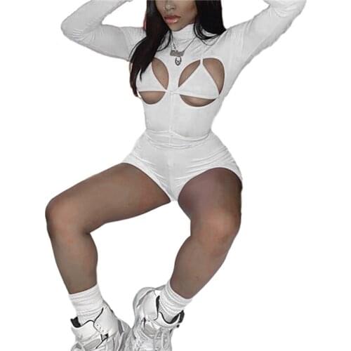 Autumn Women Playsuit Solid Color Short Jumpsuit Sexy Long Sleeve High Collar Hollow Romper with Bra Clubwear Ladies Playsuits