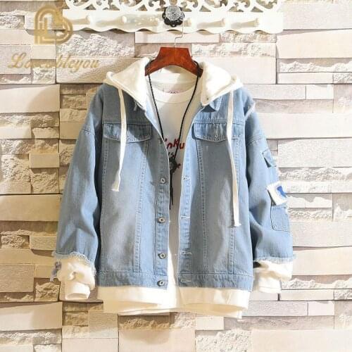 Autumn Unisex Hooded Long-sleeved Denim Jacket Hooded Jacket Trend Young People Loose Holes False Two Pieces Tops Coats