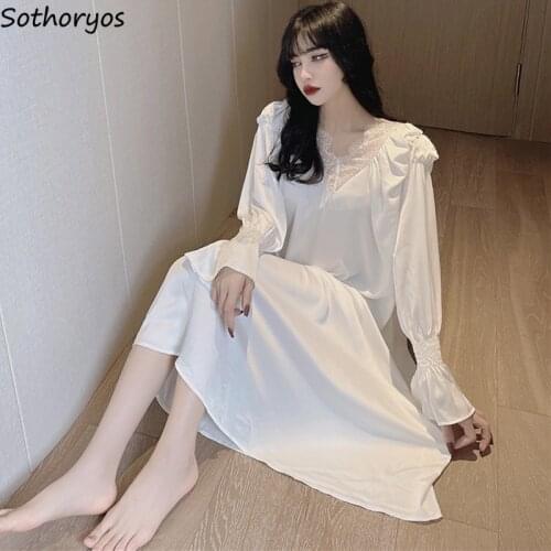 Temperament Sleepshirts Women White Fresh Lace Patchwork V-neck Sexy Full Sleeve Nightgowns Baggy Cozy Princess Lounge Fashion