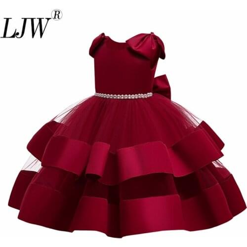 New wine red Christmas new product childrens flower girl wedding dress ballet fluffy cake skirt host birthday party dress