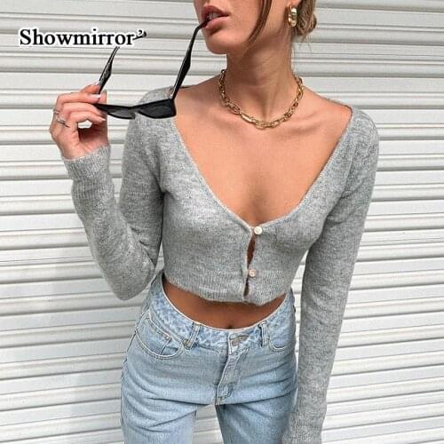 Showmirror Womens Knitted Sweatshirt V Neck Solid Long Sleeve Cardigan Female Coat Fall Outfits Outwear Goth