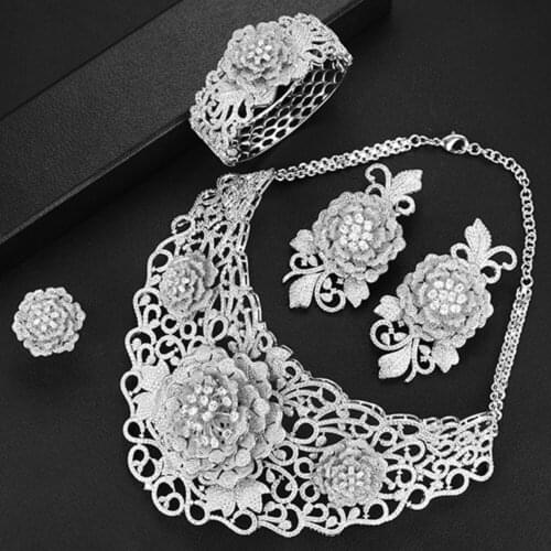 Blachette Nigerian Wedding Naija Bride Charm Rose Flower Leaf Luxury Women Cubic Zirconia Necklace Dubai 4PCS Dress Jewelry Set
