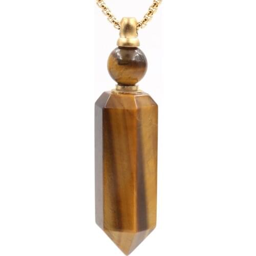 Light Yellow Gold Color Hexagon Prism Tiger Eye Stone Perfume Bottle Pendant Link Chain Necklace Lapis Lazuli Jewelry