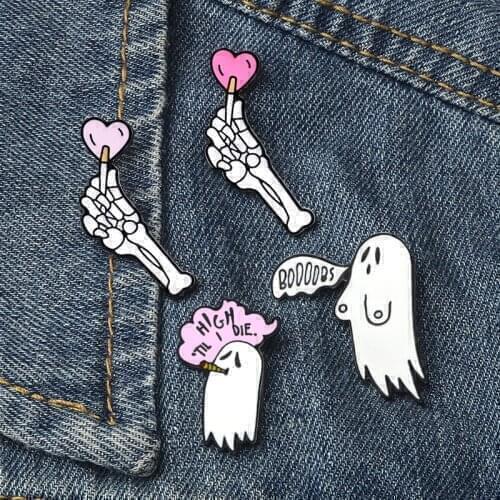 Punk Skull Hand Ghost Brooches Cute Cartoon Lover Magic Wand Enamel Pins Jewelry For Couple Best Friends Jackets Lapel Badge Pin