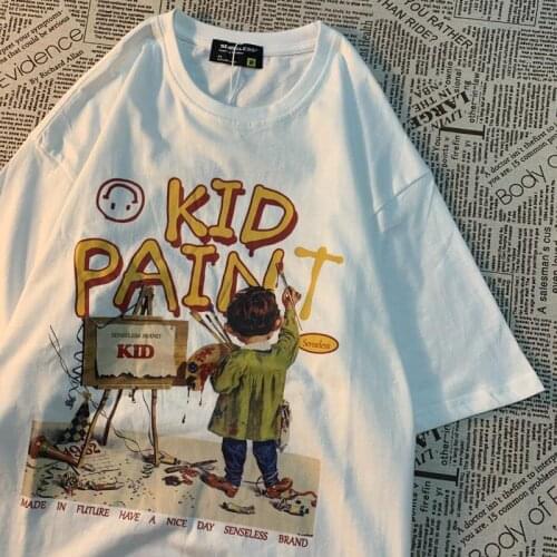 Pure Cotton Vintage Cute KID PAINT Printed Harajuku Brand Designer Y2k Tops O-neck Casual Teens Clothes 2021 New Summer Fashion
