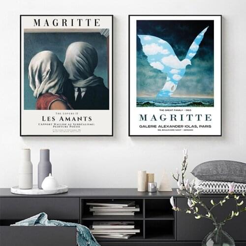 Rene Magritte The Great Family Vintage Exhibition Poster Canvas Painting The Lovers 2 Les Amants Prints Gallery Wall Art Decor