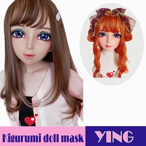 Ying-07)Female Sweet Girl Resin Half Head Kigurumi Mask With BJD Eyes Cosplay Japanese Anime Role Lolita Mask Crossdress Doll
