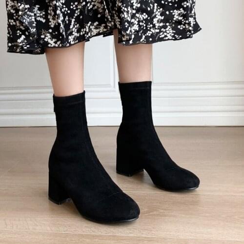 2021 Fashion Square Toe Ankle Boots Autumn Winter Women Boots Comfortable Low Heel Ladies Shoes Elastic boots Black 36 37 38 39