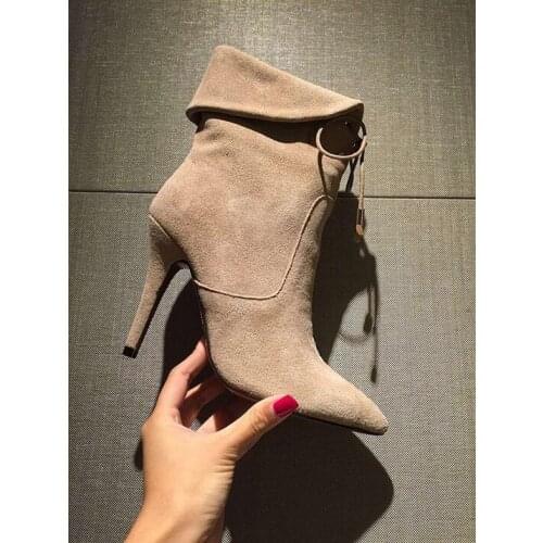 Hot selling women ankle boots pointed toe fur inside lace-up high heel booties size 34 to 39 discount price party drees shoes wo