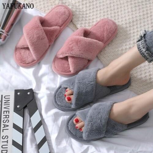 Autumn Winter Warm Plush Women Home Slipper Faux Fur Cross Band Cotton Slippers Woman Flats Slides 36-41 New A Arrival Wholesale