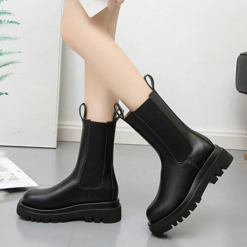 Women Short Boots Fashion Platform Pu Leather Thick Heel Winter Shoe Woman Warm Elastic Casual Lady Round Toe Ankle Black