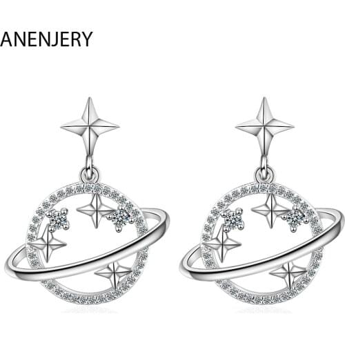 ANENJERY 925 Sterling Silver Glittering Universe Planet Star Zircon Dangle Earrings With Sweet Earring For Women S-E1022