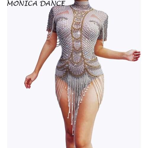 Women Sexy Rhinestones Pearls Bodysuit Sexy Stretch Dance Leotard Costume Performance Party Celebrate Stage Show Stones Wear