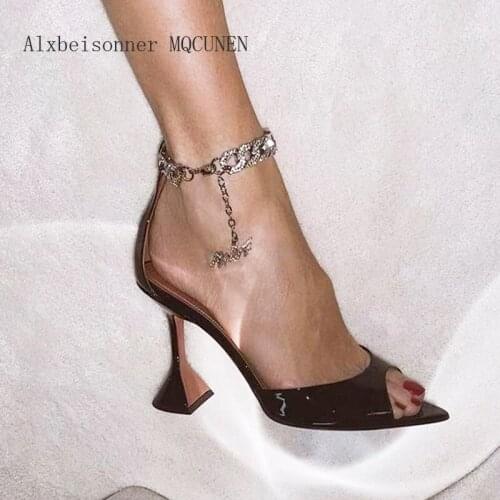 Rhinestone chain ankle strap gladiator sandals womens' shoes peep-toe sandals kitten heels party shoes crystal metal buckle