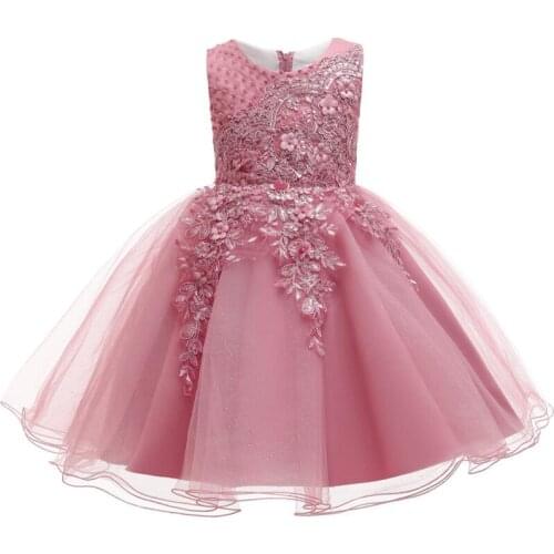 Summer New Embroidered Flower Beading Birthday Party Ball Gown 3- 8 Years Little Girls Princess Mesh Dresses Kids Tulle Dresses
