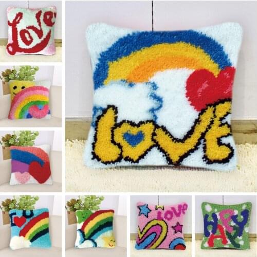 Cartoon Rainbow Embroidery Pillow DIY Foamiran For Needlework Latch Hook Cartoon Love Heart Latch Hook Do It Yourself Carpet