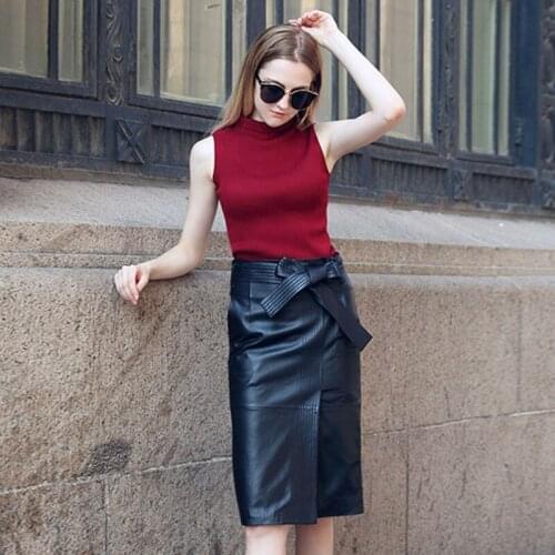 Pencil Skirt Black Split Sexy Skirt Genuine Leather Skirt Belted Long Skirts For Women Clothing 2020 Ladies Skirts Office S-2XL