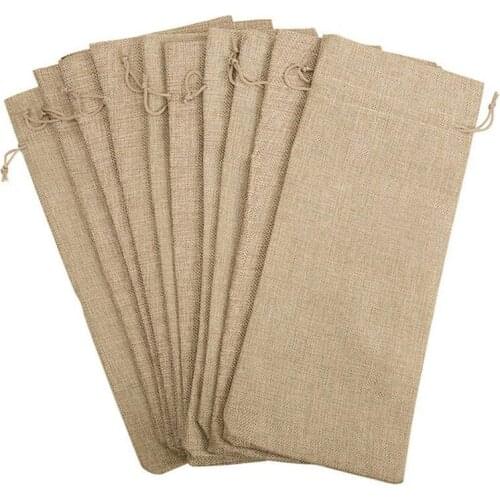 10pcs Jute Wine Bags, 14 x 6 1/4 inches Hessian Wine Bottle Gift Bags with Drawstring