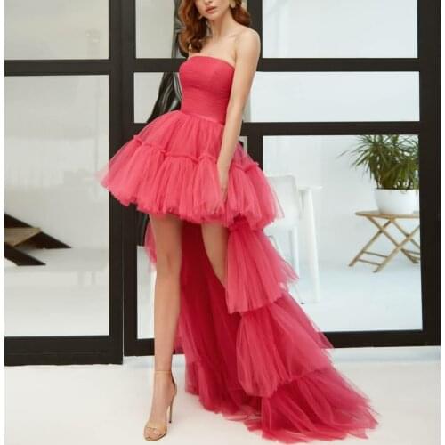 Elegant High Low Strapless Ruched Prom Dresses Sleeveless Corset Back Robe De Soiree Watermelon Tulle Formal Party Gown