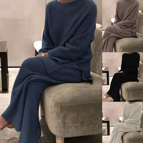 Kalenmos Pure Color Casual Two Piece Set Women Long-sleeved Knitted Round Neck Elastic Waist and Floor Skirt Oversized Homewear