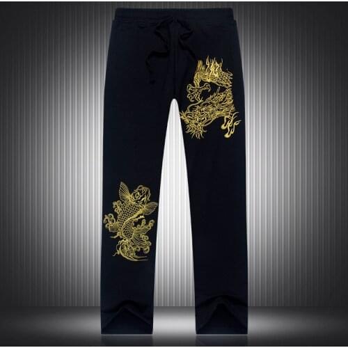 China 's wind men black slacks Loose big yards arowana move pattern embroidery pants Trousers tide