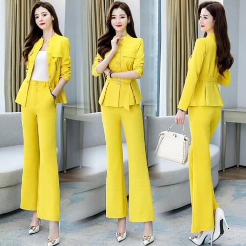 Two Piece Set Women Long Sleeve Tops With Belt+Pants Trousers Sets 2021 Spring Autumn Office Elegant 2 Piece Set Womans suits