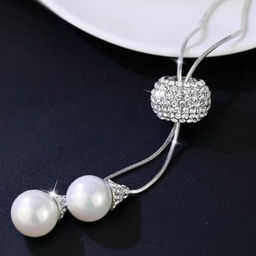 LEEKER Elegant Double Pearl Ball Pendant Long Necklace Gold Silver Color Chain For Women Vintage Wedding Jewelry 340 LK2