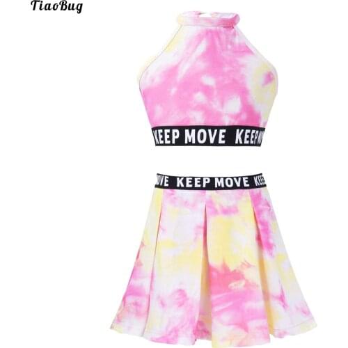 2Pcs Kids Girls Summer Tie Dye Print Sport Suit Halter Neck Sleeveless Crop Tops Vest And Pleated Skirt Set For Gym Tennis Dance