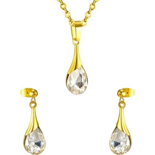 LUXUKISSKIDS Crystal Stainless Steel Dubai Jewelry Sets Necklace Pendant Earrings Jewellery For Women Gold Wedding Jewelry Sets