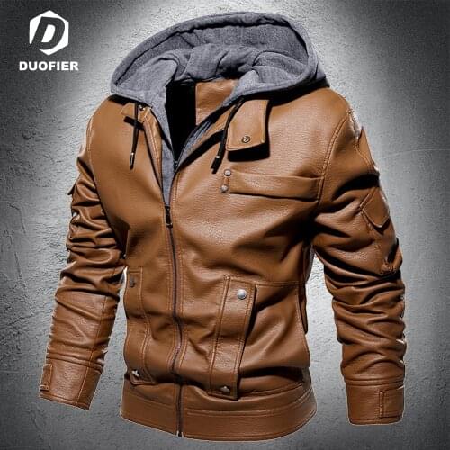 New Men Leather Jackets Casual Motorcycle PU Jacket Biker Leather Hooded Coats Brand Clothing Warm Baseball Jacket Multi-pocket