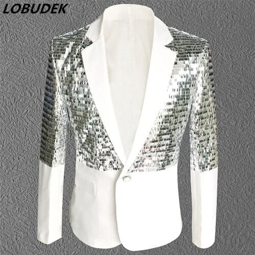 Nightclub Bar Male singer Rock DJ costumes White sequins Tide Mens Suit Jackets Prom Party Host stage show Outfit coat costumes