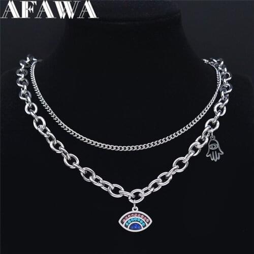 2PCS Hip Hop Stainless Steel Layer Necklace Silver Color Turkey Eye Statement Necklace Jewelry collar acero inoxidable N4821S03
