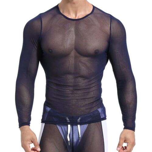 Sexy Mesh Undershirt Mens Long Sleeve Quick Dry Sports T-shirts Transparent Fitness Shirt Underwear Party Club Tops Nightwear