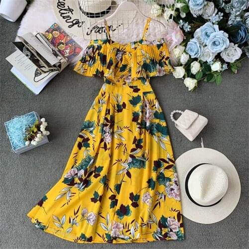 2020 Summer Bohemian Print Dress Women A-line Ruffles Vestidos High Waist Slash Neck Dresses Sexy Robe Femme Beach Party Dress