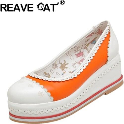 REAVE CAT 2021 Sweet Pumps Lolita Platforms Cute Slip On Candy Color Party Thick Sole Shoes Pink Orange White Grey Green A4524