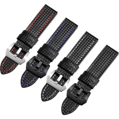 Carbon fiber Leather watchband 20 22 24 26mm black with red blue white line wristband for mens outdoor sport watch chain